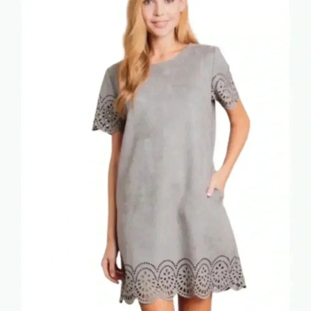 Love Dress‎ Shift Shirt Style Gray Scalloped Trim Short Sleeve Midi Size Medium